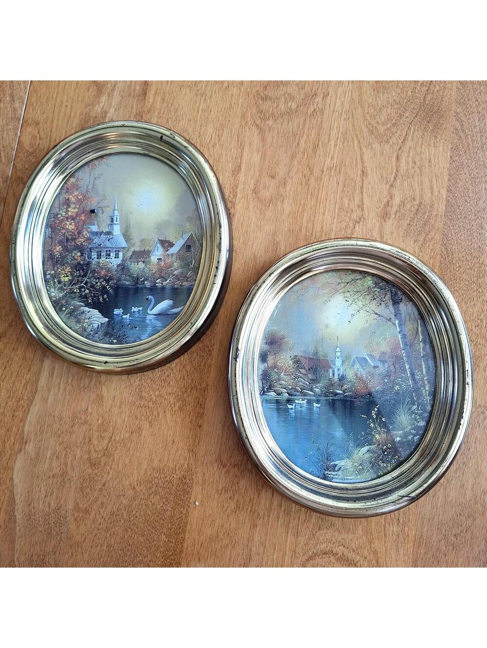 2 Vtg Homco Oval Gold Frame Wall Decor Lakeside Prints Swan/Ducks/Geese